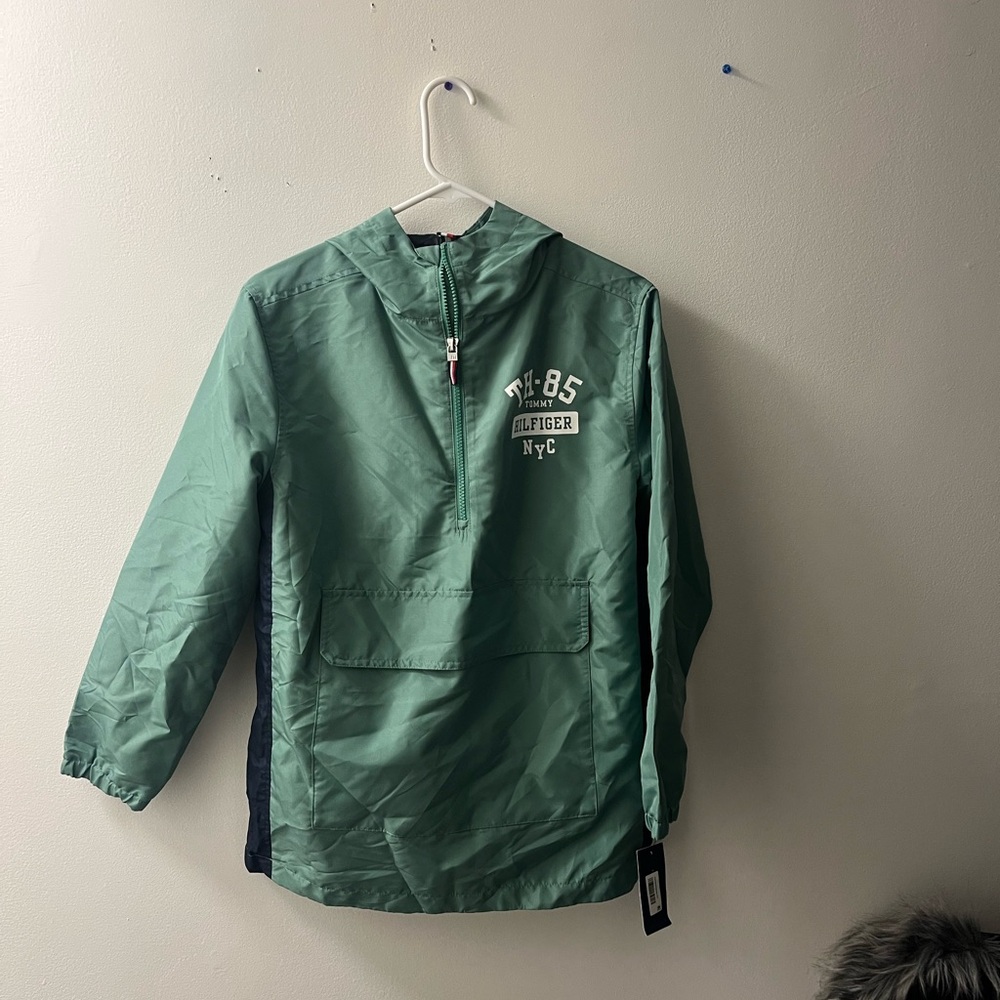Tommy Hilfiger, Boys' Quarter-Zip Pullover Raincoat, green, size Large